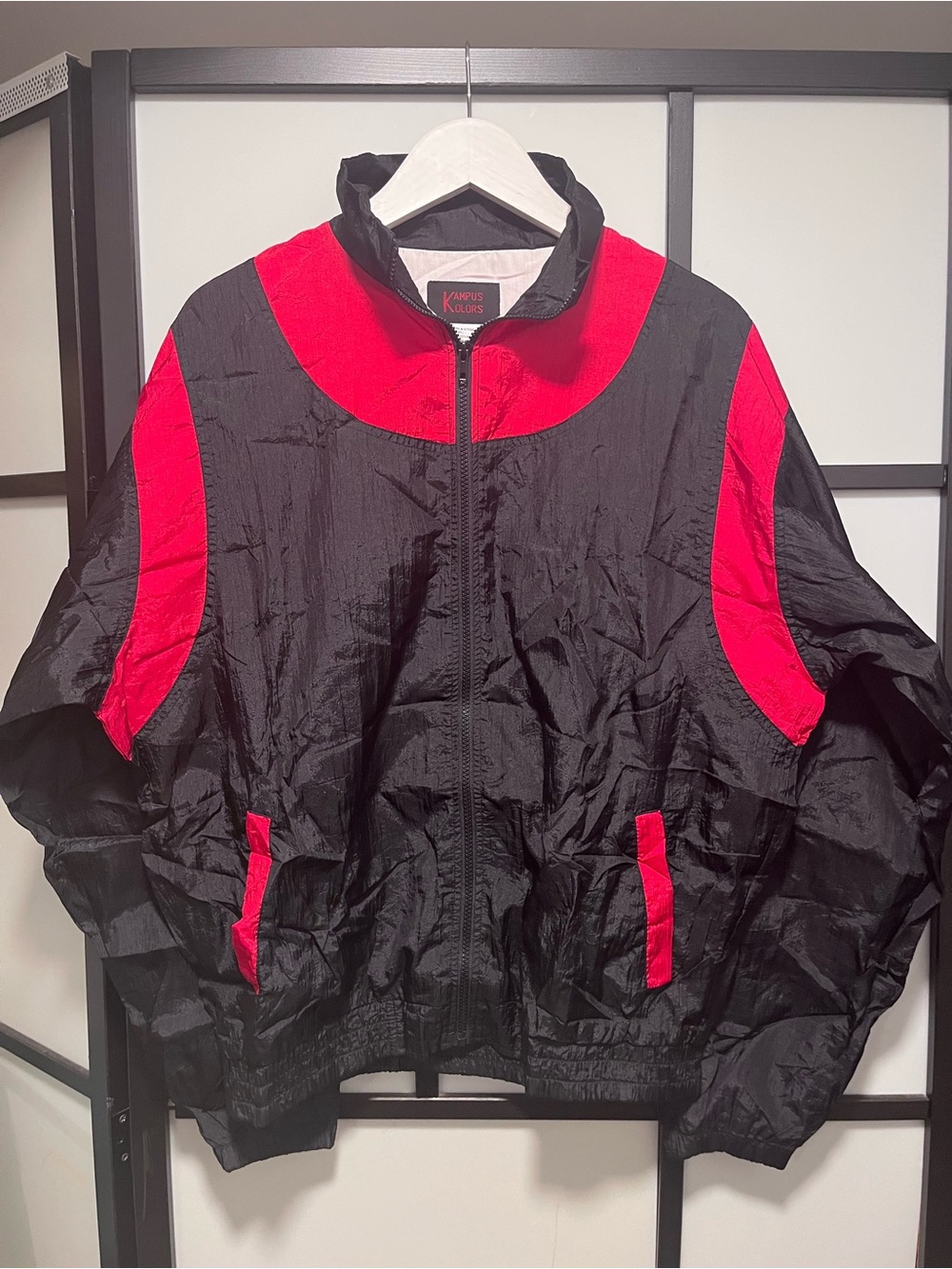Vintage 80s 90s Kampus Kolors Nylon Track Jacket Windbreaker Black Red Oversized